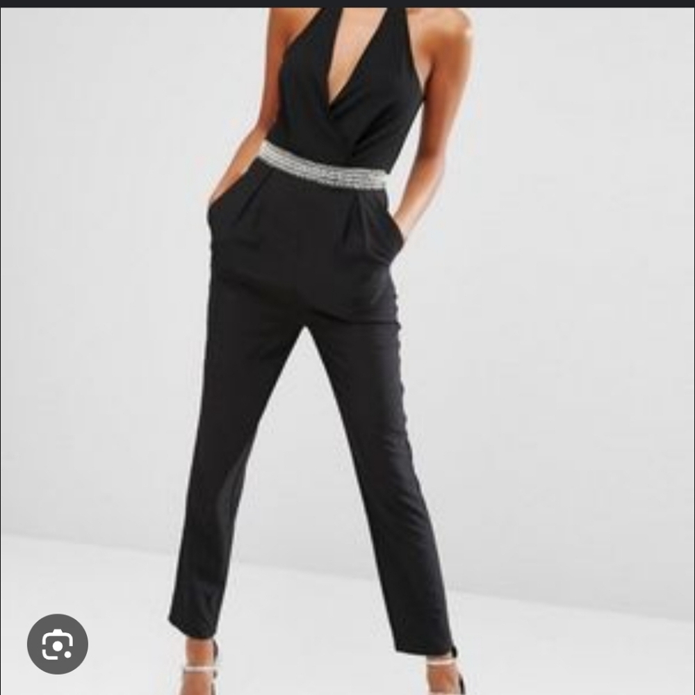 NWT TFNC London Aria Black Jumpsuit with Silver Rhinestone Accents